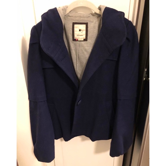 Anthropologie Navy Blue Hooded Pea Coat with Grey Lining - Size 8 - Picture 1 of 3